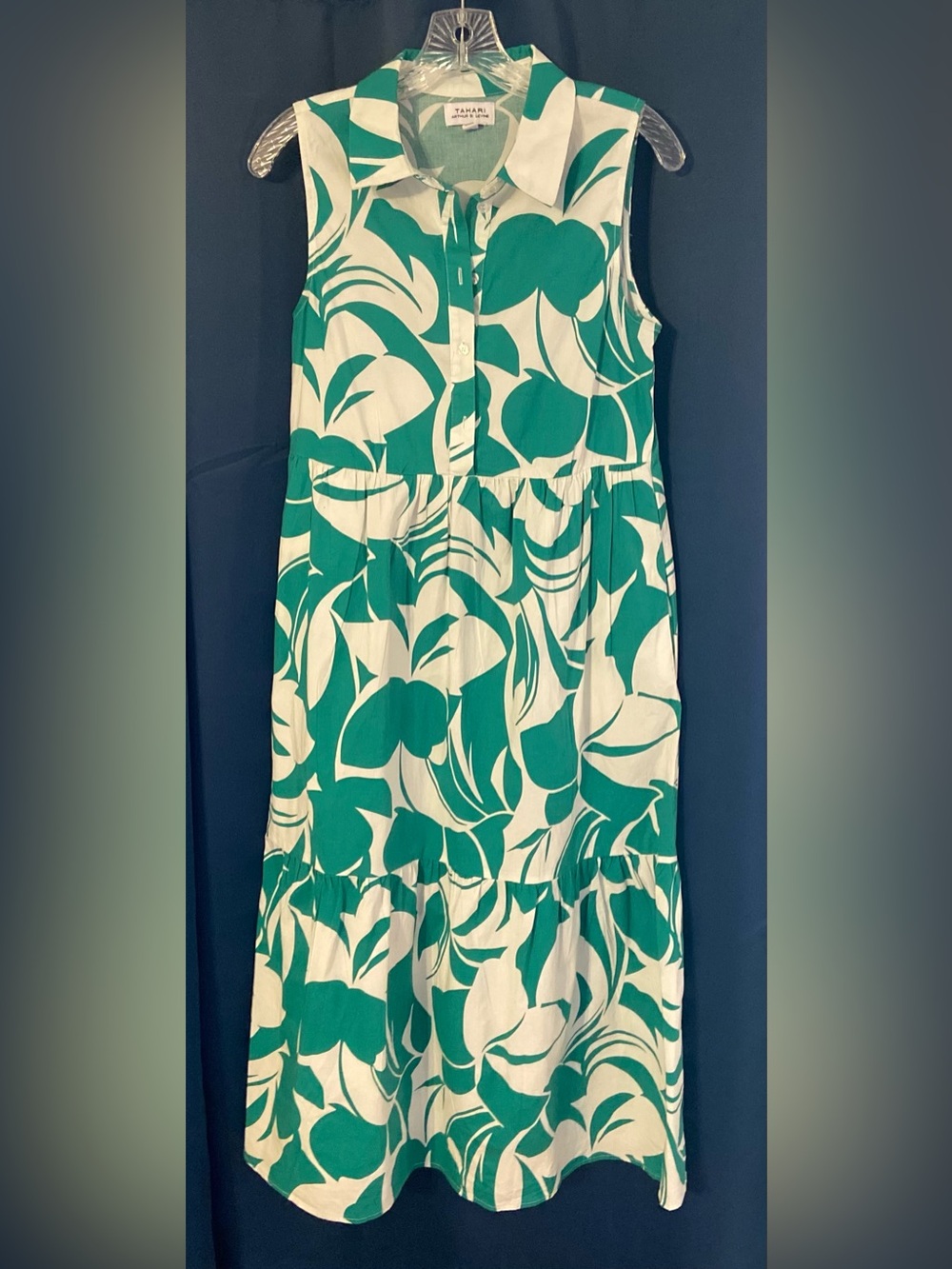 Tahari Green and White Floral Print Maxi Dress